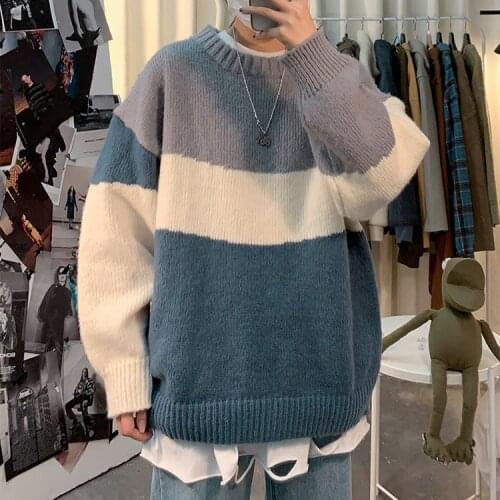 Sweater Men Streetwear Hip Hop Autumn Pull Spandex O-neck Oversize Couple 2021 Stitching Male Tops Vintage Knittwear Sweaters