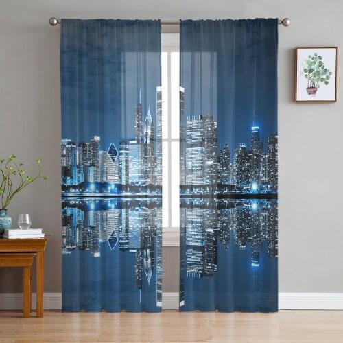 Chicago Landscape Architecture Night View Tulle Window Treatment Sheer Curtains for Living Room the Bedroom Curtains Decoration