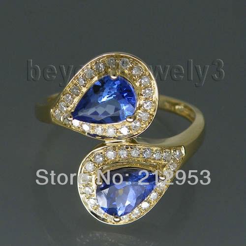 Vintage Two Stones Pear 5x7mm 14Kt Yellow Gold Tanzanite Ring WU020