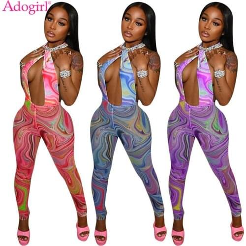 Adogirl Women Sheer Mesh Print Cross Halter Hollow Out Backless Jumpsuit Summer Night Club Romper Holiday Overalls Drop Ship