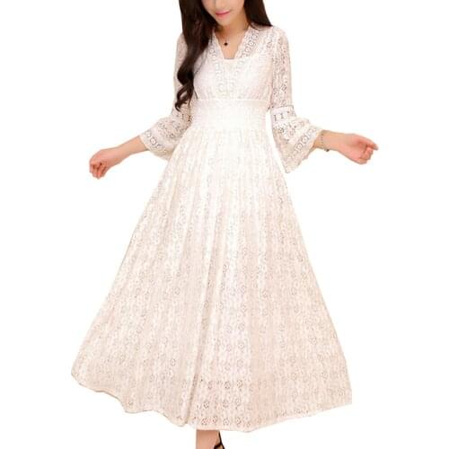 Sweet V Neck High Waist Long Dresses Women S-XL Autumn Robe Femme Slim Thin Lace Dress Solid Color Three Quarter Sleeve Vestidos