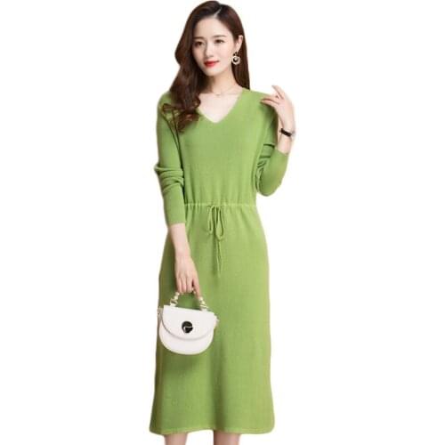 Winter dress women green v neck slim 2020 autumn new Korean fashion loose belt bottoming knitted sweater dresses feminina