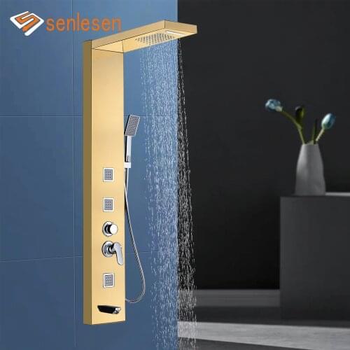 Senlesen Golden Shower Panel Waterfall & Rainfall Shower Head Steel Double Handles Hot and Cold Water Mixer Taps Para Bathroom