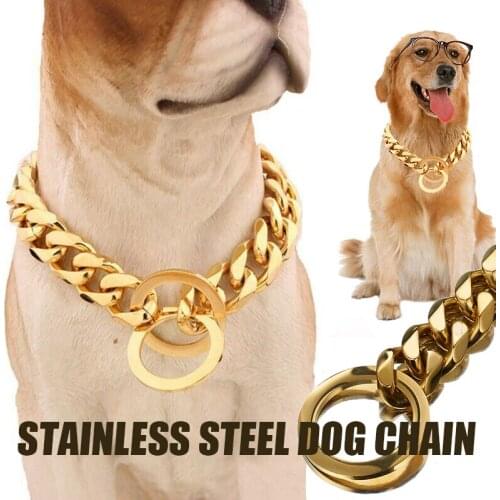 Gold Dog Collar Cuban Link 15mm Width Thick Golden Chain Dog Cat Pets Safety Collar Stainless Steel Pet Dog Fashion Accessories