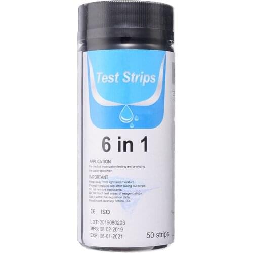 50pcs PH Level Total Alkalinity Nitrite Free Chlorine Total Chlorine Hardness 6 Parameters Test Strips PH Meter
