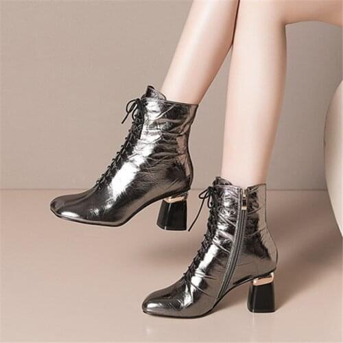 PXELENA Plus Size 34-43 Natural Genuine Leather Ankle Boots Women Zip Strange High Heel Square Toe Lady Office Dress Party Shoes