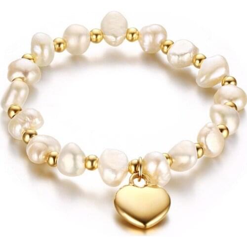 Natural pearl and gold color beads chain bracelet for women elastic string golden heart charm stainless steel jewelry girls gift