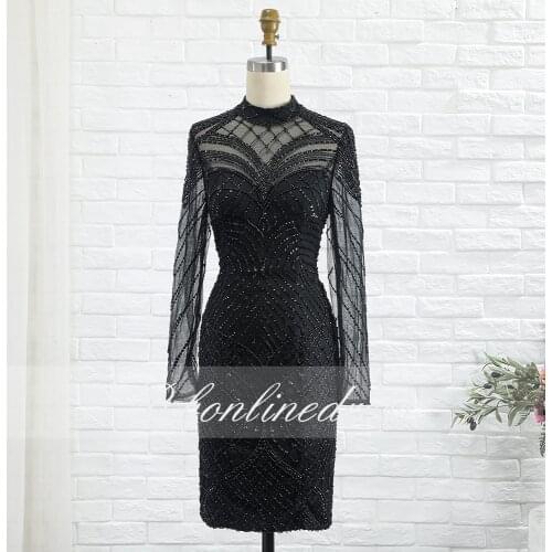 Bbonlinedress Black Cocktail Dress Long Sleeve High Collar Hand Beaded Transparent Sexy Above Knee Short Party Dresses