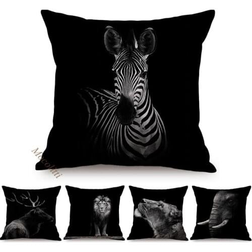 Black Animals Portrait Photography Pattern Sofa Pillow Case Lion Zebra Elephant Tiger Home Decor Square Cushions Cover Almofadas