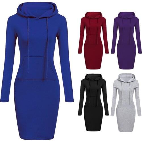 Long Women dress Autumn Winter Warm Pocket Solid Color Sweatshirt Pullover Hoodie Dress Casual Simple Oversizes Sweatshirts