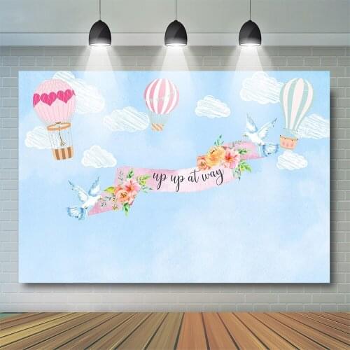 Baby Shower Party Photography Background Newborn Blue Sky Backdrops Birds Hot Air Balloon Floral Decoration Photocall
