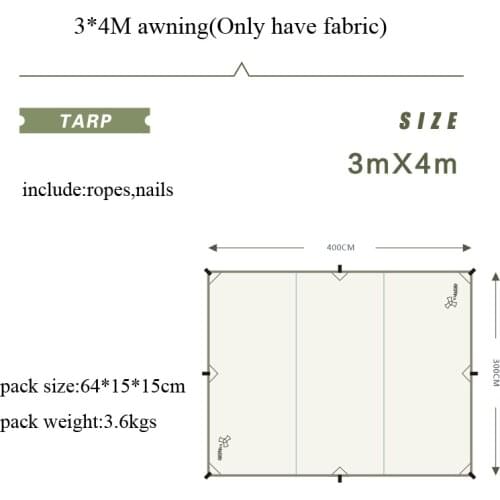 Without Poles 4*3M TC Technology Cotton Outdoor Camping Square Tent Rainproof Shade Canopy Pergola Sunshelter Awning Only Fabric