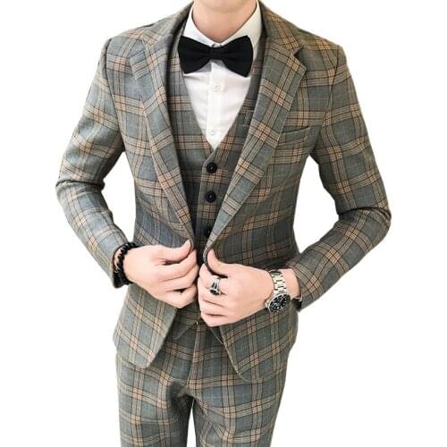 Mens British Slim Plaid Print Suit High End Business Groom Wedding Banquet Dress Blazer Three Piece Jacket Vest Pants Set