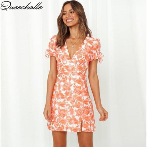 Orange Retro Boho Dress Womens Sexy Deep V-neck Split Mini Dress Floral Print Short Slim Dress Summer Beach Sundress Female