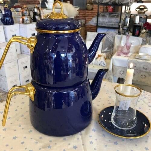 PAÇİ Enamel Gold Luxury Big Teapot Set White Blue Red