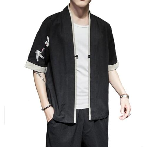 Cotton Linen Men Shirts Kimono Male Chinese Japan Style Embroidery Fives Quarter Sleeve Open Stitch Shirts Chinese Style Embroid