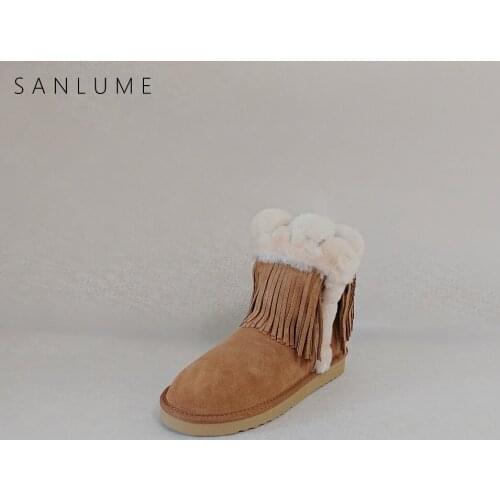 SANLUME Winter Shoes Flat Platform Snow Boots Ankle boots for Women Real Fur Sheepskin Waterproof Slip On Tassel Keep Warm