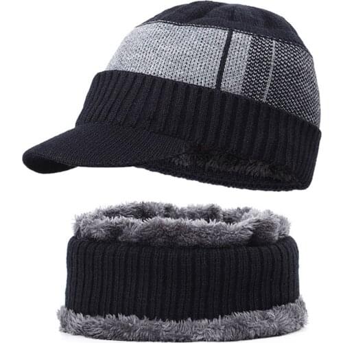Knitted Hat Winter Warm Hat Knit Visor Fleece Lined Cap Soft Breathable With Scarf Loops Set Casquette Homme