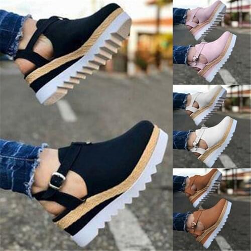 Women Wedge Platform Sandals Summer Vintage Buckle Strap Straw Thick Bottom Shoes Casual Slingback Solid Beach Heels Sandals