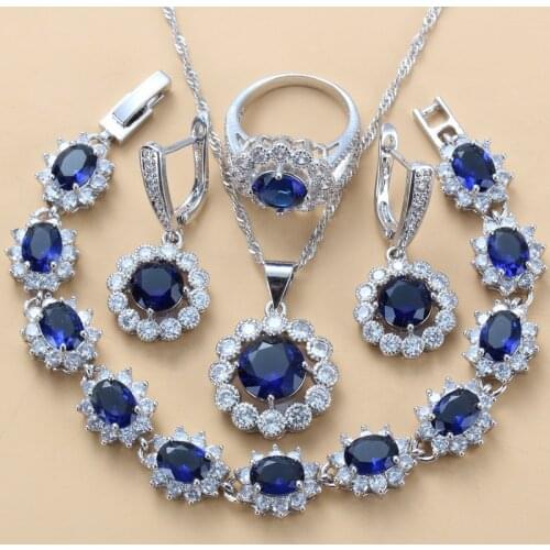 Wedding Round Flower Blue Cubic Zirconia Earrings Necklace Bracelet And Ring Silver Color Jewelry Sets For Women