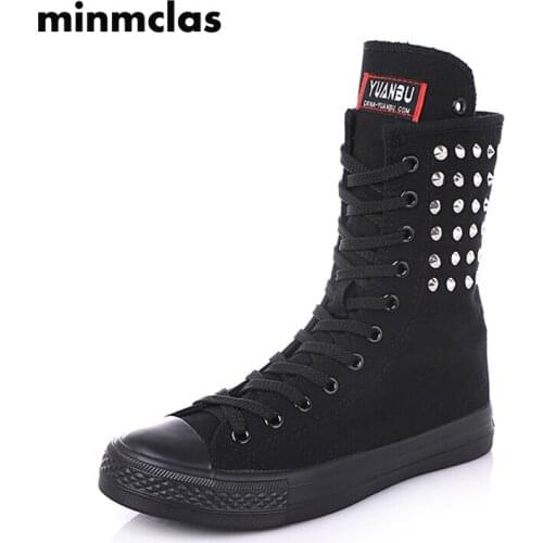 2020 Mid Sneakers Women Shoes Canvas Casual Rivet Top Shoes Long Boots Lace-Up Zipper Comfortable Flat Boots Zapatillas Mujer