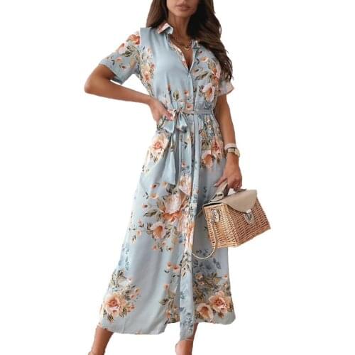 Floral Print Sexy Split Dress Women Summer Short Sleeve Midi Lapel Bohemian Dress Female A-line Chic Bodycon Party Long Dresses