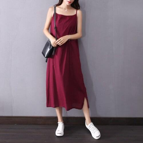 Women Summer Solid Color Spaghetti Strap Dress Ladies Vintage Sleeveless Dress Female 2020 Cotton Dresses