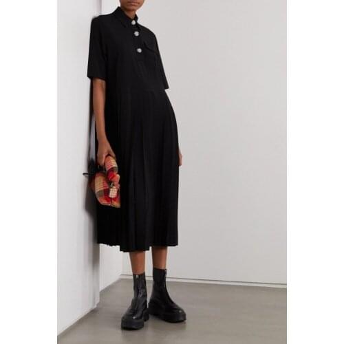 Women Turn-Down Collar Midi Dress 2021 New Short Sleeve Pleated Black Flower Buttons Long Dresses With Single Pockets