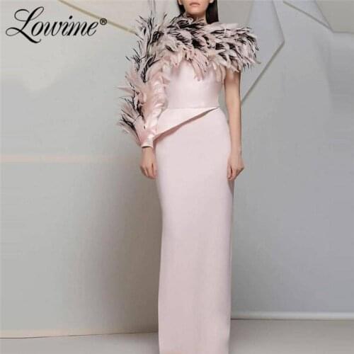 Feathers Pink Straight Evening Gown Formal Dress Middle East Dubai 2020 Long Sleeve Custom Dresses Women Party Night Celebrity