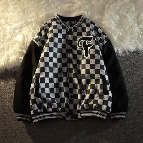 Winter plaid jacket mens and women baseball uniform Japanese tide brand retro letter embroidered jacket y2k clothes album vero