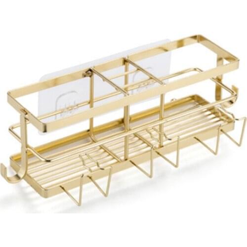 Golden Toothbrush Holder with Hook Free Punching Bathroom Shelf Bathroom Storage Rack Shampoo Storage Holder