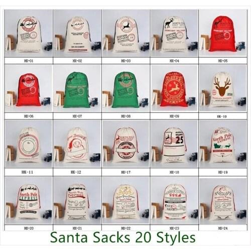 20pcs/lot 32 Styles Canvas Santa Sack Christmas Gift Bags for Wholesale Large Santa Sack Drawstring Santa Gift Bag Fast Shipping