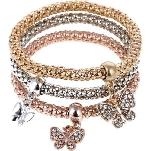 3pcs/set Europe America Bridesmaid Bracelet Famous Jewelry Butterfly Dangle Crystal Charm Bracelets & Bangles for Women