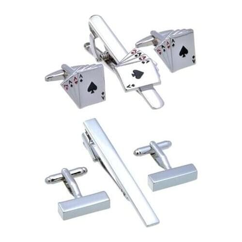 5sets/lot Silver Playing Card Poker 4A Cufflinks Tie Clip Set Classic Business Cuboid Cuff Links&Tie Pin Bar Set Mens Jewelry