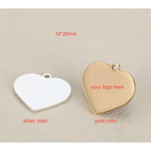 50pcs 19*20mm High Quality Stainless Steel Custom Charm Metal Charms Heart Shape Engrave Customized logo with small quantity