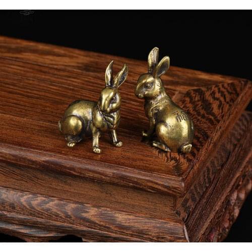 Antique Copper Zodiac Cute Rabbit Statue Ornaments 1 Pair Vintage Solid Brass Animal Miniature Figurine Tea Pet Desk Decoration
