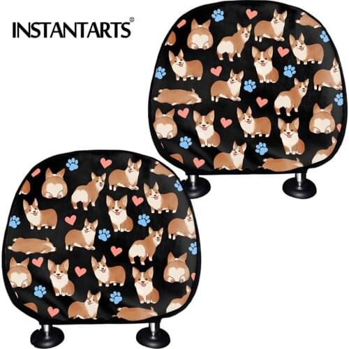 INSTANTARTS Lovely Animal Corgi Pattern Car Seat Head Rest Cover Set of 2 Neck Pillows Cushion Covers New Design Protective Case