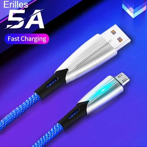 Cable With LED Indicator 5A Super Fast Charging For Huawei Xiaomi LG Mobile Phone Micro USB Type C Nylon High Speed Quick Cable