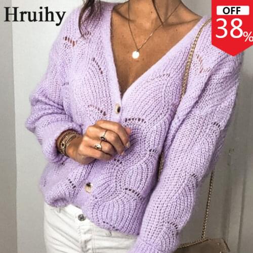 Purple Cardigan Long Sleeve Single Button Decorated Hollow Out V Neck Sexy Oversized Sweater Fashion Casual Streetwear Sweaters