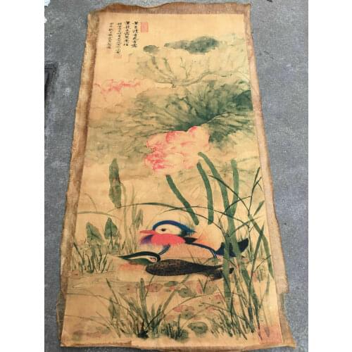 Chinese Old Scroll Wu Hufan Lotus Mandarin Duck Painting Rice Paper Painting
