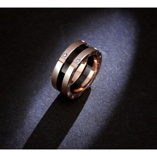 Classic Top Quality Titanium Steel Rose gold color 8mm Black Ceramic Rings / Luxury four rhinestones Rings