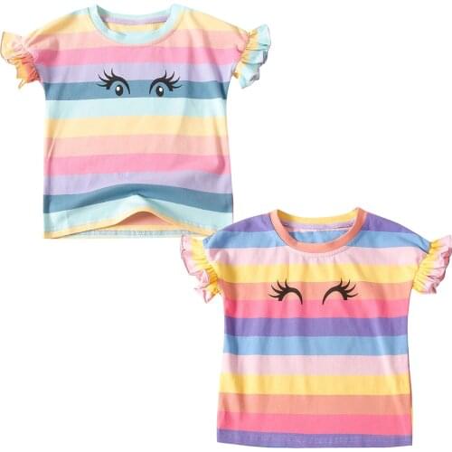 Cute Rainbow T Shirts For Girls Kids Cotton Tops Summer Baby Girl Clothes Casual Short Sleeves Colorful Stripe Toddler T-shirt