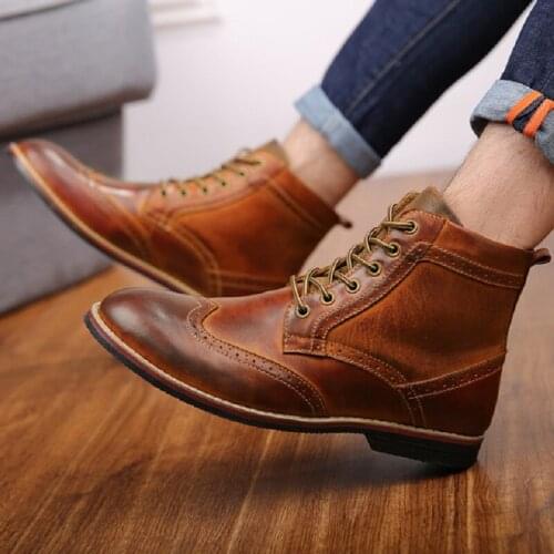 Genuine Leather Retro Big Size 38-47 Men Boots Vintage Brogue Style Ankle Boots Men Fashion Autumn Winter Shoes For Man 190709