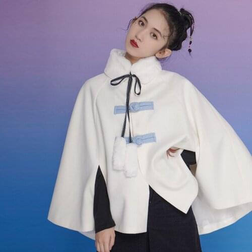 2020 New Imported Winter Coat Female Chinese Style Cloak Coat Embroidery Tang Suit Plate Buttons White Hanfu Cloak 11873