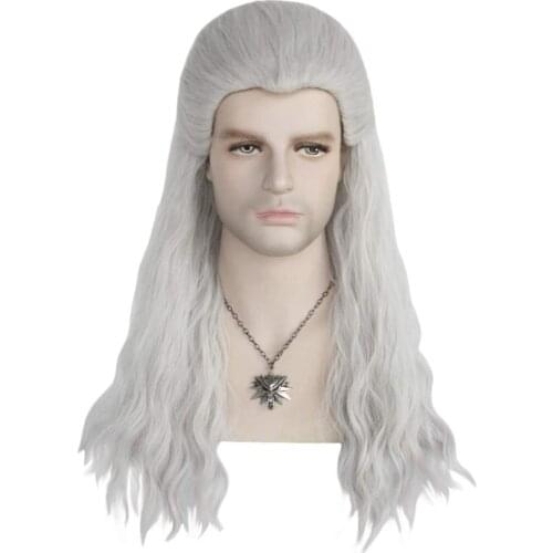 Game Witcher Silver Gray Long Straight Man Cosplay Wig Synthetic Anime Role Play Hair Wigs for Party Halloween With Necklace