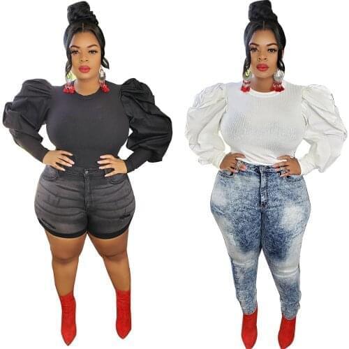 Chic Design Women Soild Color Plus Size T-Shirts Casual Ladys O-neck Full Puffy Sleeves Skinny Tees 2020 Autumn Latest