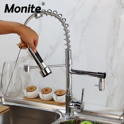 Monite Chrome Polished Kitchen Faucets Basin Sink Mixer Faucet Kitchen Pull Down Sink Tap Deck Mounted Two Functions Mixer Tap