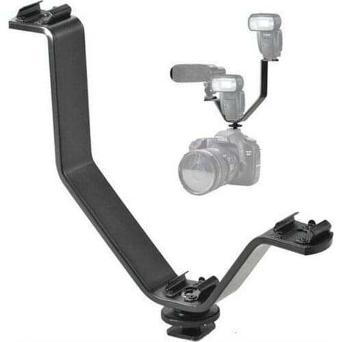 V-Shape Metal Double Dual Hot Shoe Flash Bracket for Microphone DSLR Photography