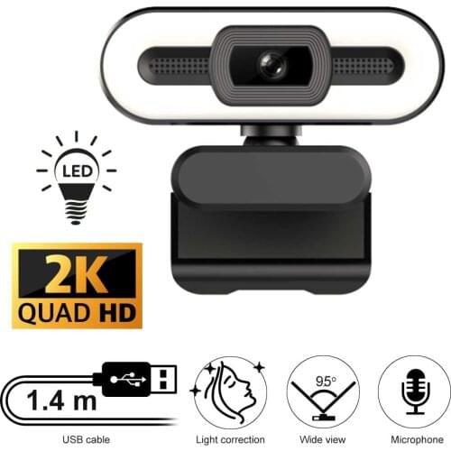Web Camera 2K Cam With USB Connector, LED Light, Microphone for Skype, MS Teams, Zoom, Home Office, Video Chat, Conference