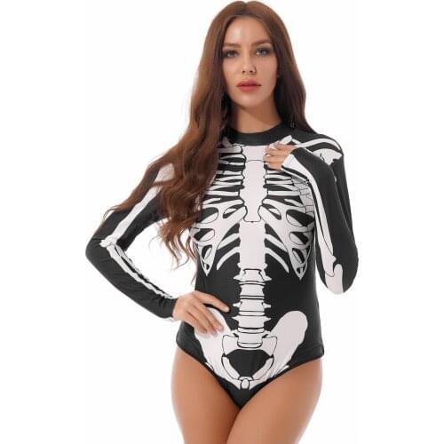 Women Skeleton Print One-piece Swimsuit Halloween Costume Sexy Lingerie Long Sleeve Leotard O-neck Zipper Back Bodysuit Swimwear